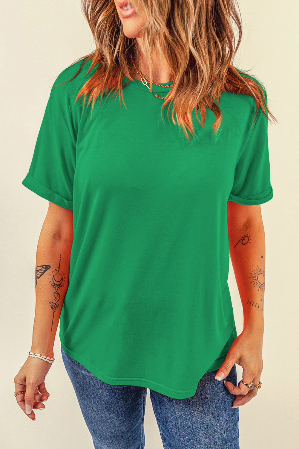 Orange Casual Plain Crew Neck Tee