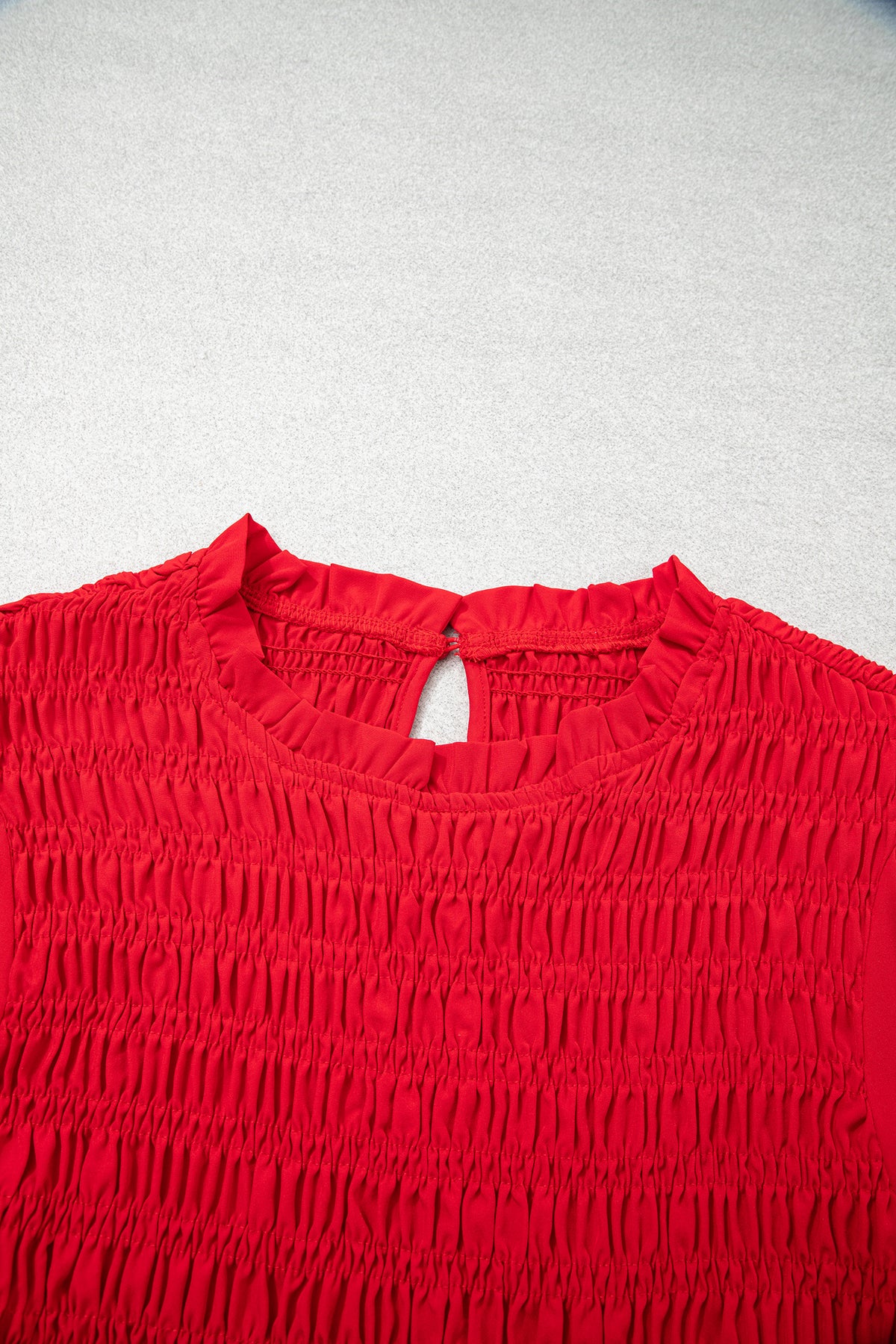 Jet Stream Solid Color Smocked Ruffle Hem Long Sleeve Blouse