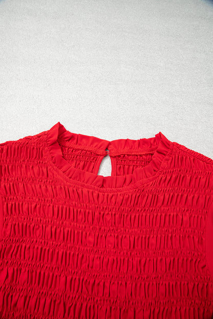 Jet Stream Solid Color Smocked Ruffle Hem Long Sleeve Blouse