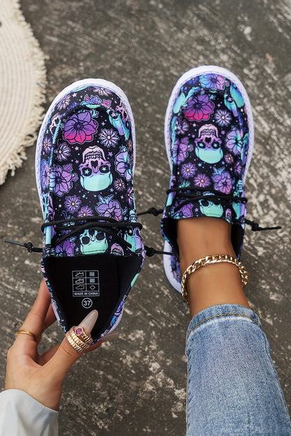 Sugar Skull Print Lace-up Detail Flat Shoes