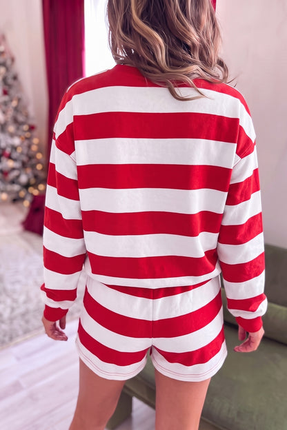 Stripe Holly Jolly Embroidery Pullover Long Sleeve Two Piece Shorts Set