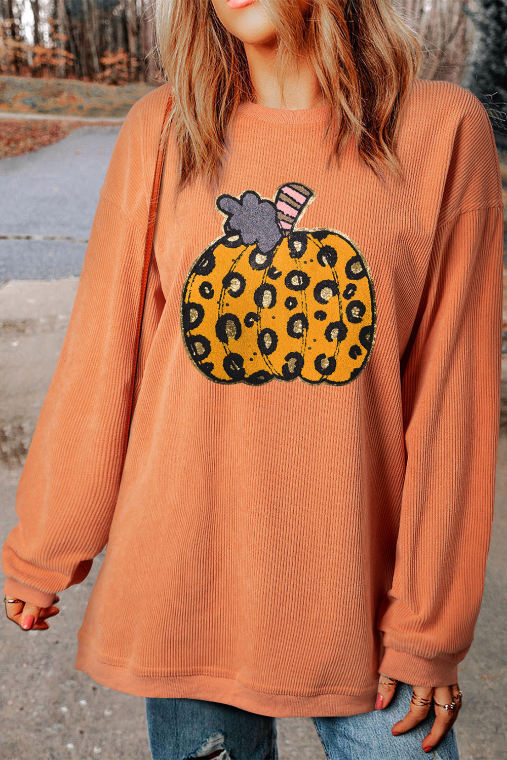 Orange Leopard Pumpkin Patchwork Ribbed Sweatshirt