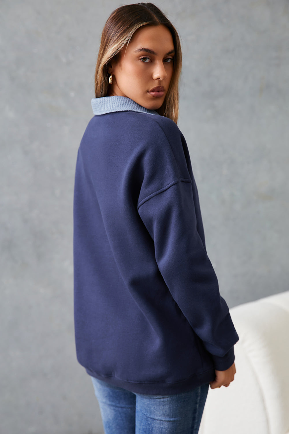 Blue Drop Shoulder Metal Button Casual Pullover Sweatshirt