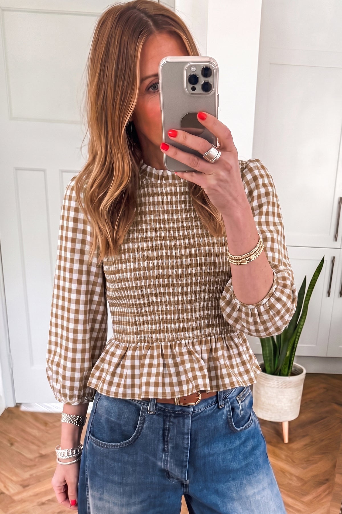 Ruched 3/4 Sleeve Shirred Plaid Peplum Top