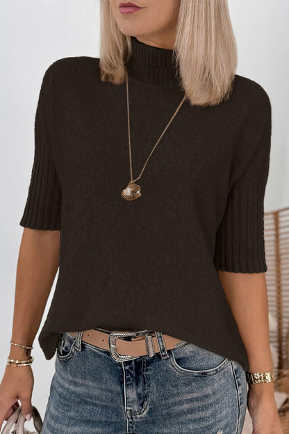 Ribbed Trim High Neck Short Sleeve Casual Sweater