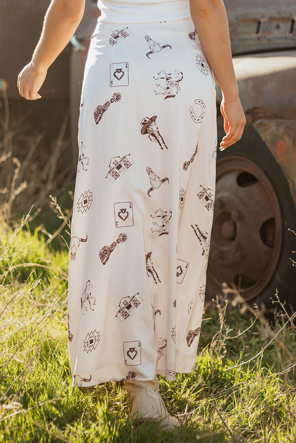 Navy Blue Western Print Satin Long Skirt