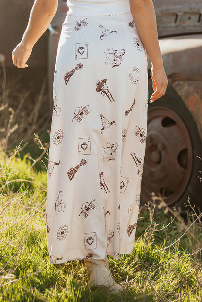 Navy Blue Western Print Satin Long Skirt
