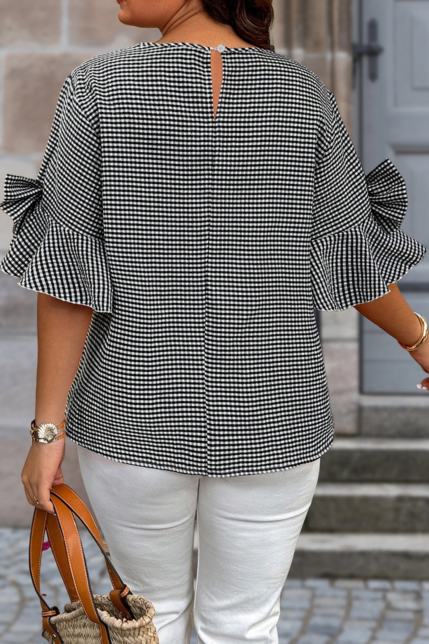 Wren Plaid Bow Bell Sleeve Top
