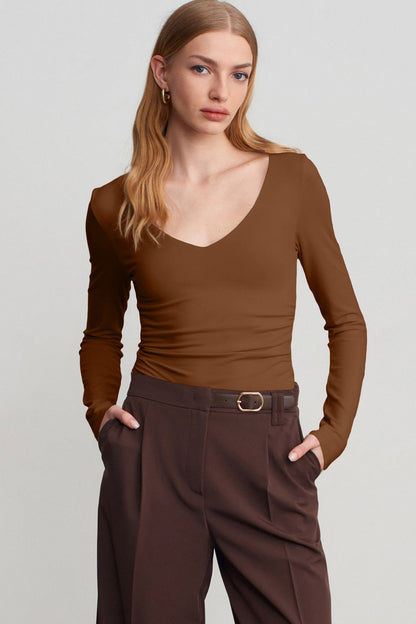 Slim Fit V Neck Long Sleeve Bra Buil-in Top