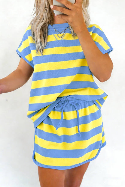 Rose Stripe Dolman Tee Drawstring Skort Athletic 2pcs Set