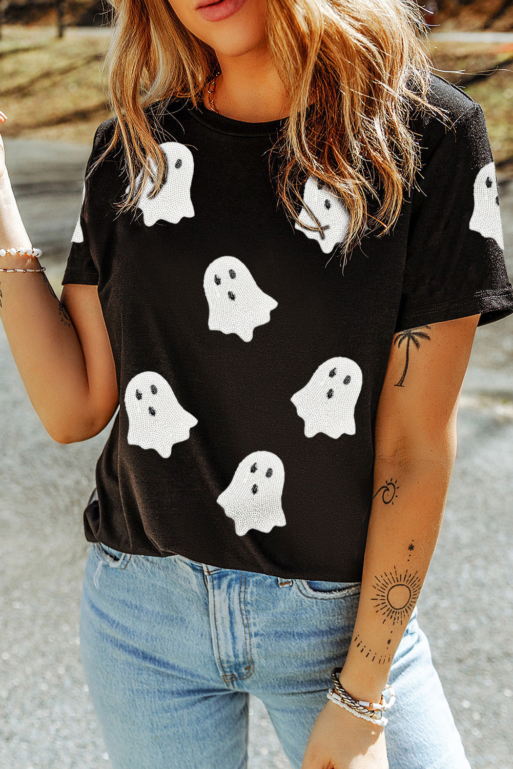 Sachet Sequin Halloween Ghost Patched Casual T Shirt
