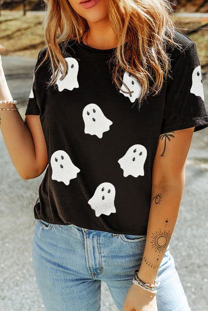 Sachet Sequin Halloween Ghost Patched Casual T Shirt