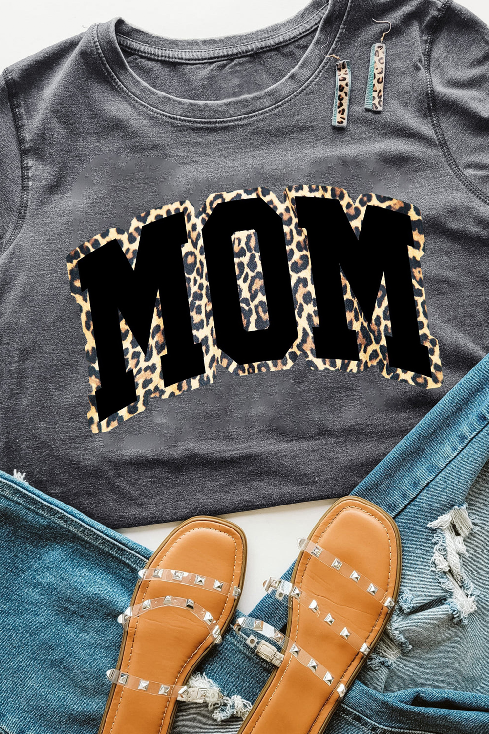 Gray Leopard MOM Graphic Crewneck T Shirt