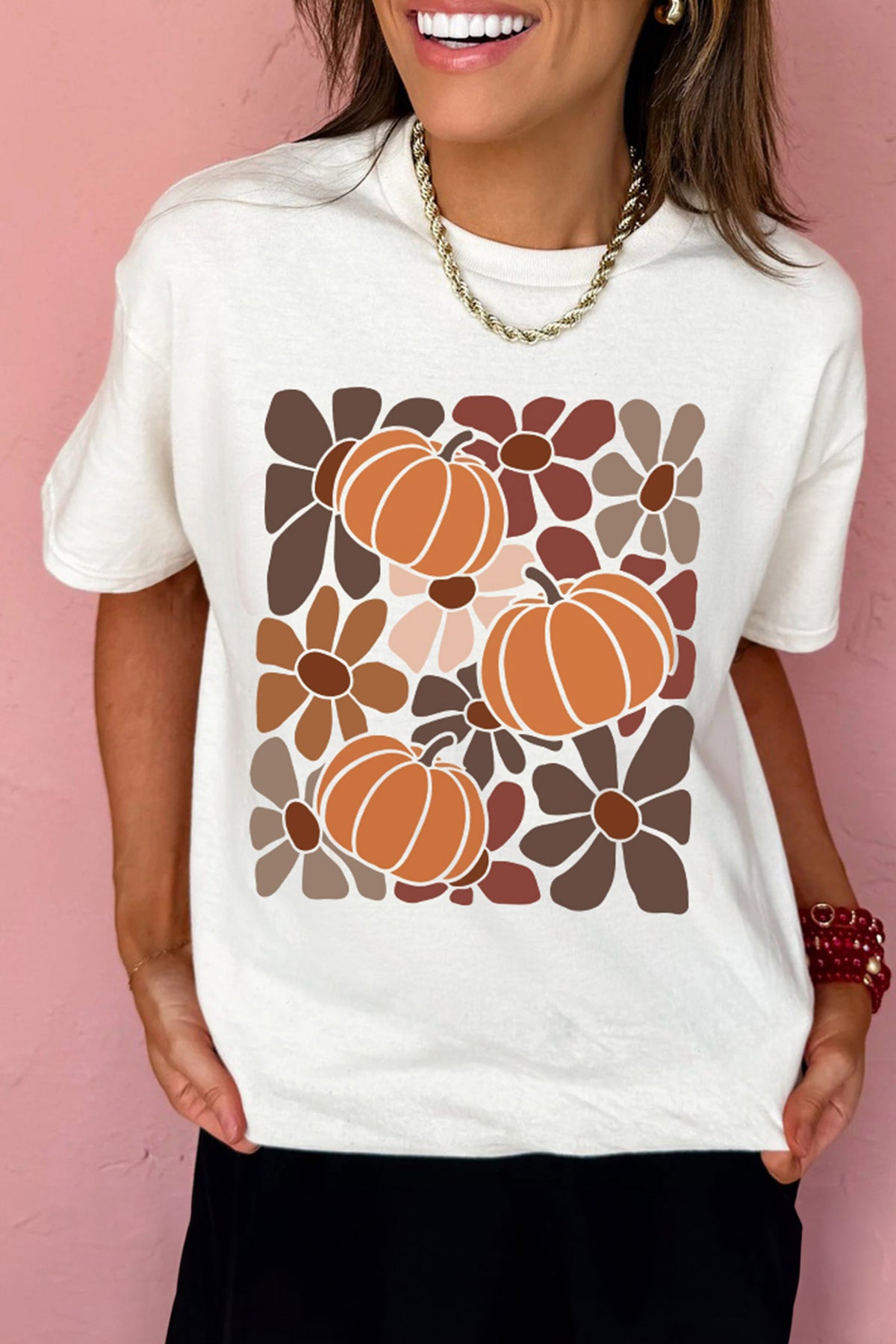 White Floral Pumpkin Print Casual T-Shirt