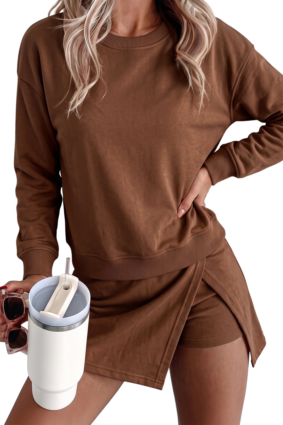 Solid Color Long Sleeve Top Split Skort 2pcs Outfit