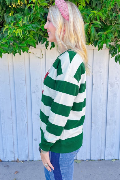 Stripe holly jolly Letter Embroidered Pullover Sweatshirt