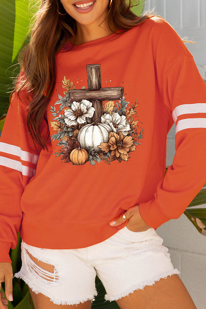 Orange Floral Pumpkin Cross Print Banded Sleeve Graphic Sweatshirt