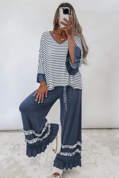 Stripe V Neck Ruffle Contrast Sleeve Top Drawstring Pants 2pcs Set
