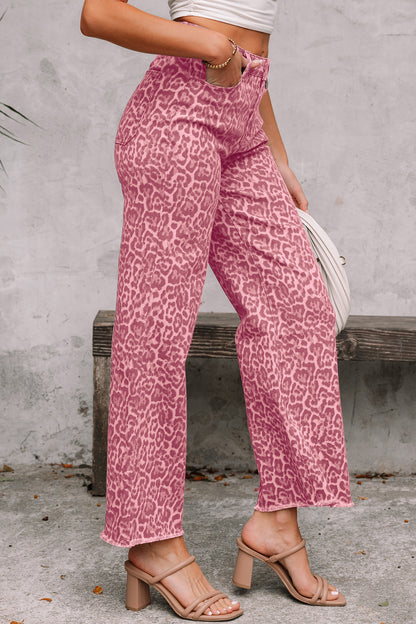 Brown Leopard Frayed Edge Wide Leg High Waist Jeans