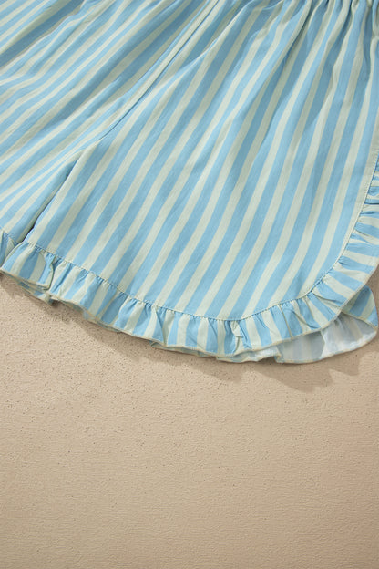 Rose Stripe Elastic Waist Ruffle Trim Casual Shorts