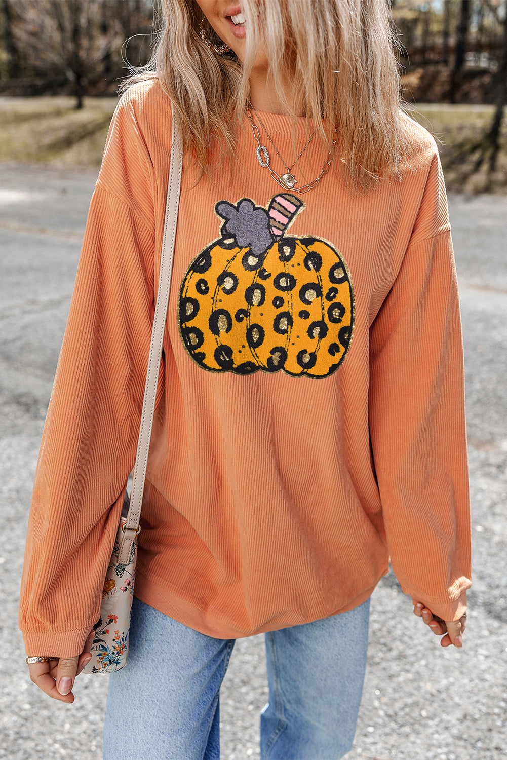 Orange Leopard Pumpkin Patchwork Ribbed Sweatshirt