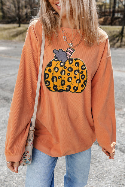 Orange Leopard Pumpkin Patchwork Ribbed Sweatshirt