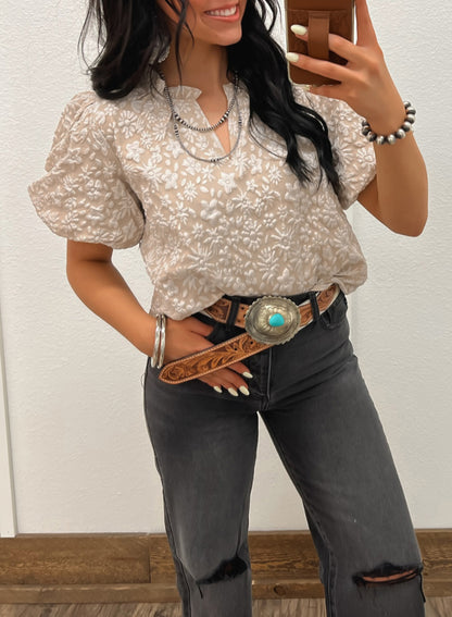 Apricot Pink Floral Textured Jacquard Puff Sleeve Blouse