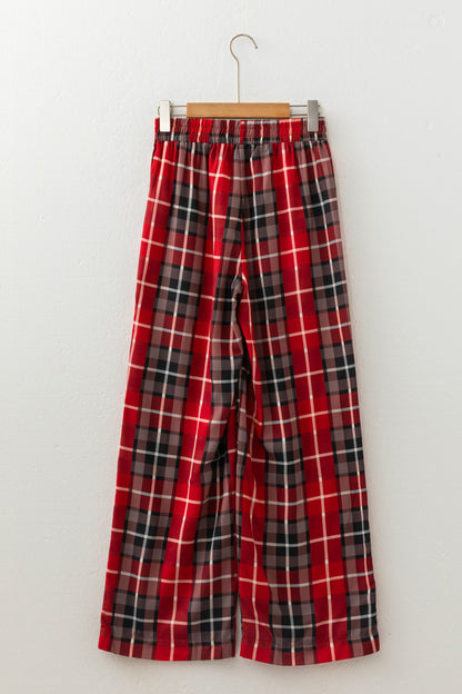 Red Plaid Elastic Waist Pocket Regular Full-Length Pants