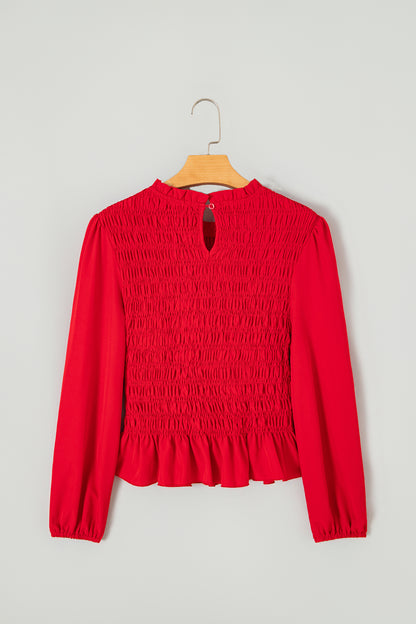 Jet Stream Solid Color Smocked Ruffle Hem Long Sleeve Blouse