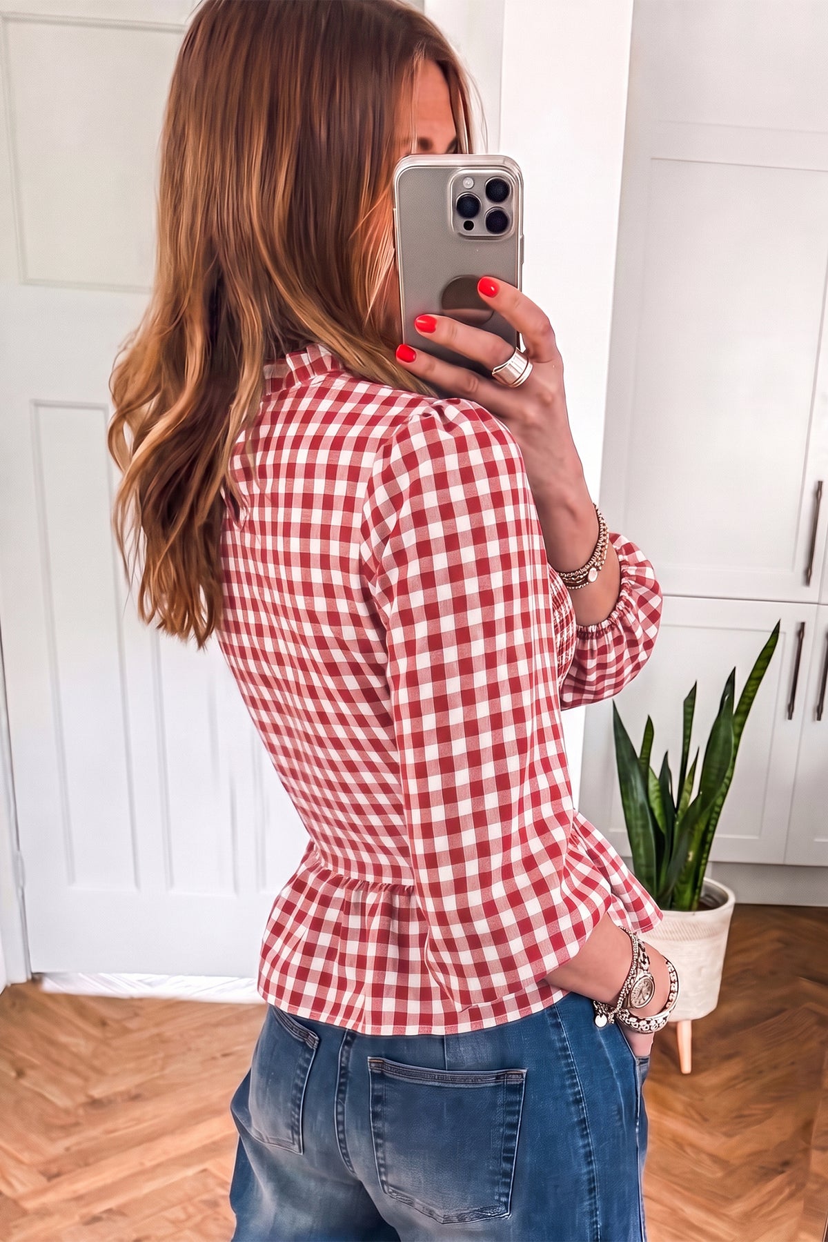 Ruched 3/4 Sleeve Shirred Plaid Peplum Top