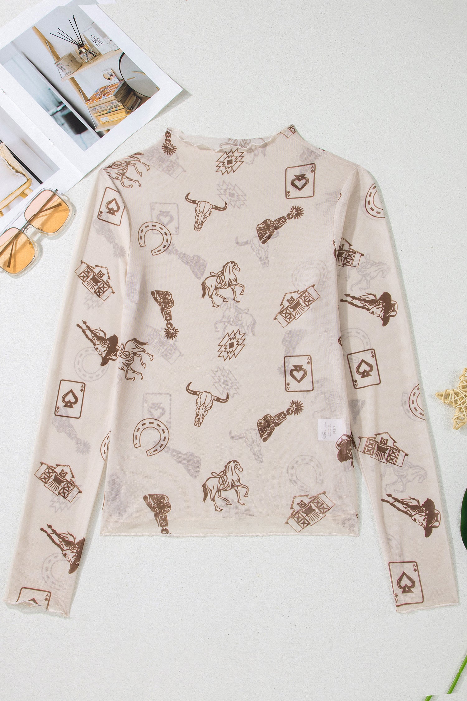 Rose Floral Print Slim Fit Mesh Long Sleeve Mock Neck Top