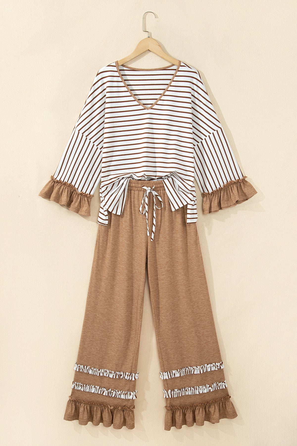 Stripe V Neck Ruffle Contrast Sleeve Top Drawstring Pants 2pcs Set