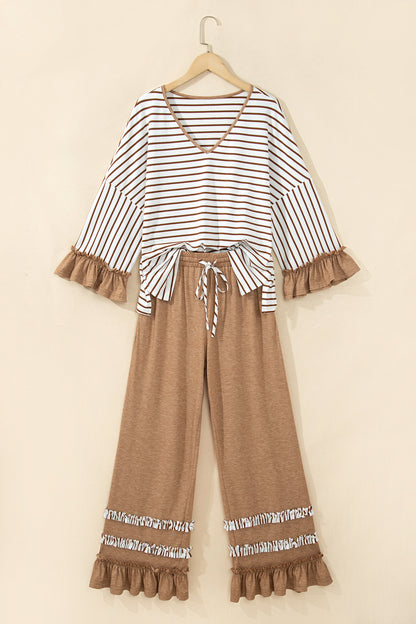 Stripe V Neck Ruffle Contrast Sleeve Top Drawstring Pants 2pcs Set