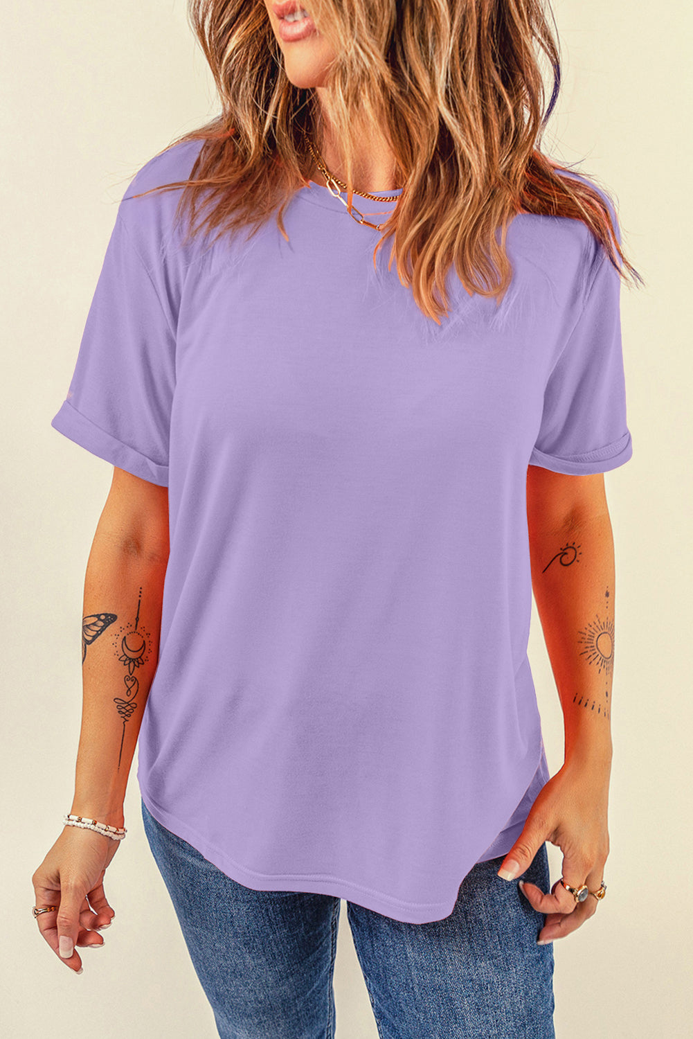 Orange Casual Plain Crew Neck Tee
