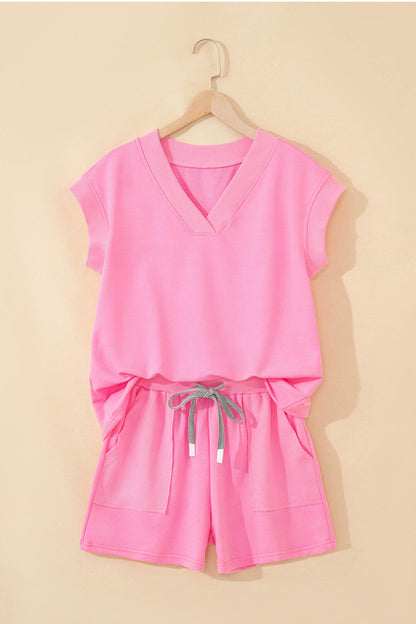 Mint Green V Neck Short Sleeve Top Drawstring Shorts 2pcs Set