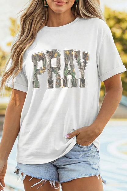 PRAY | Camo Letter Print Graphic Tee
