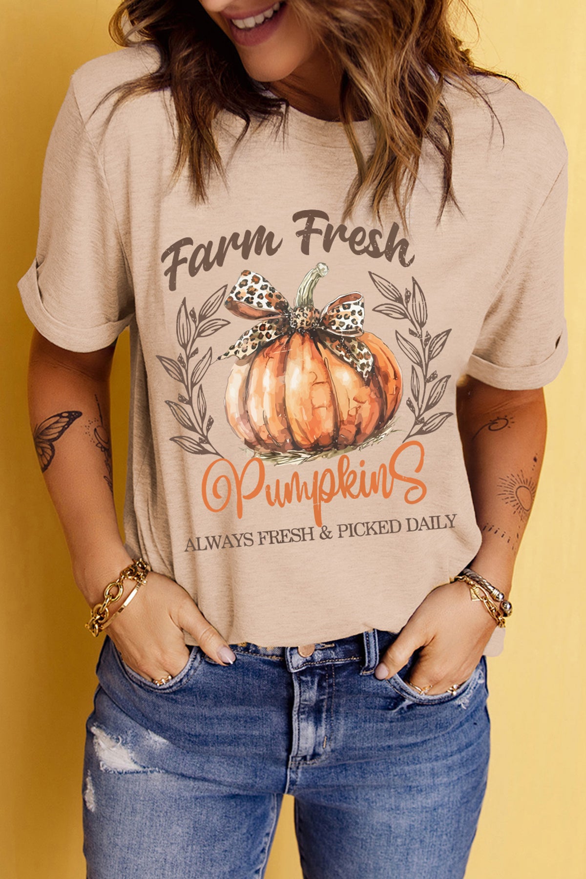Khaki Farm Fresh Pumpkin Slogan Fall Graphic Tee