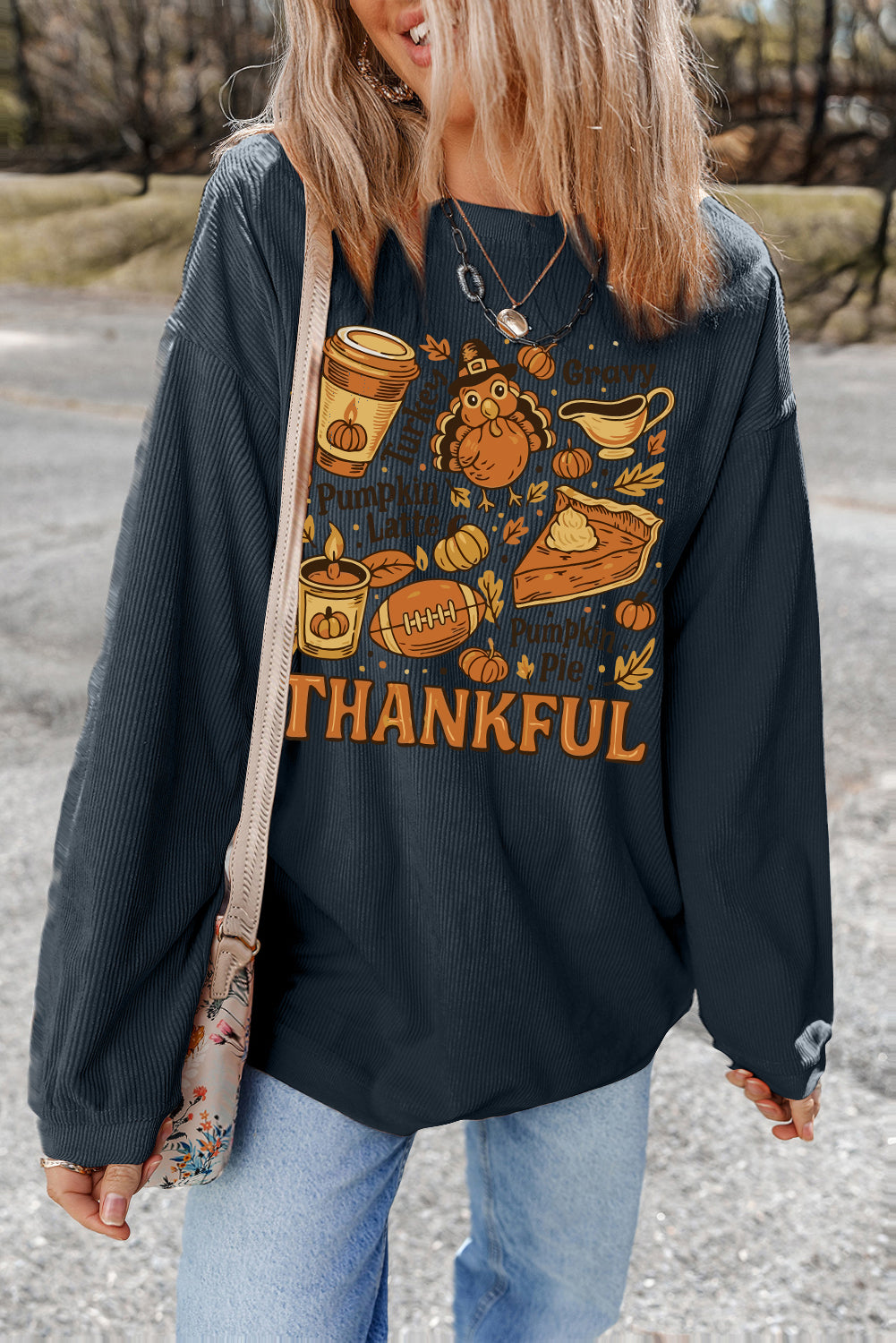 Dark Grey Twisted Ribbed THANKFUL Fall Fashion Printed Baggy Sweatshirt
