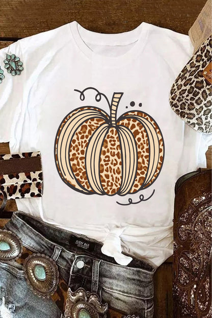 White Leopard Pumpkin Graphic Crewneck T Shirt