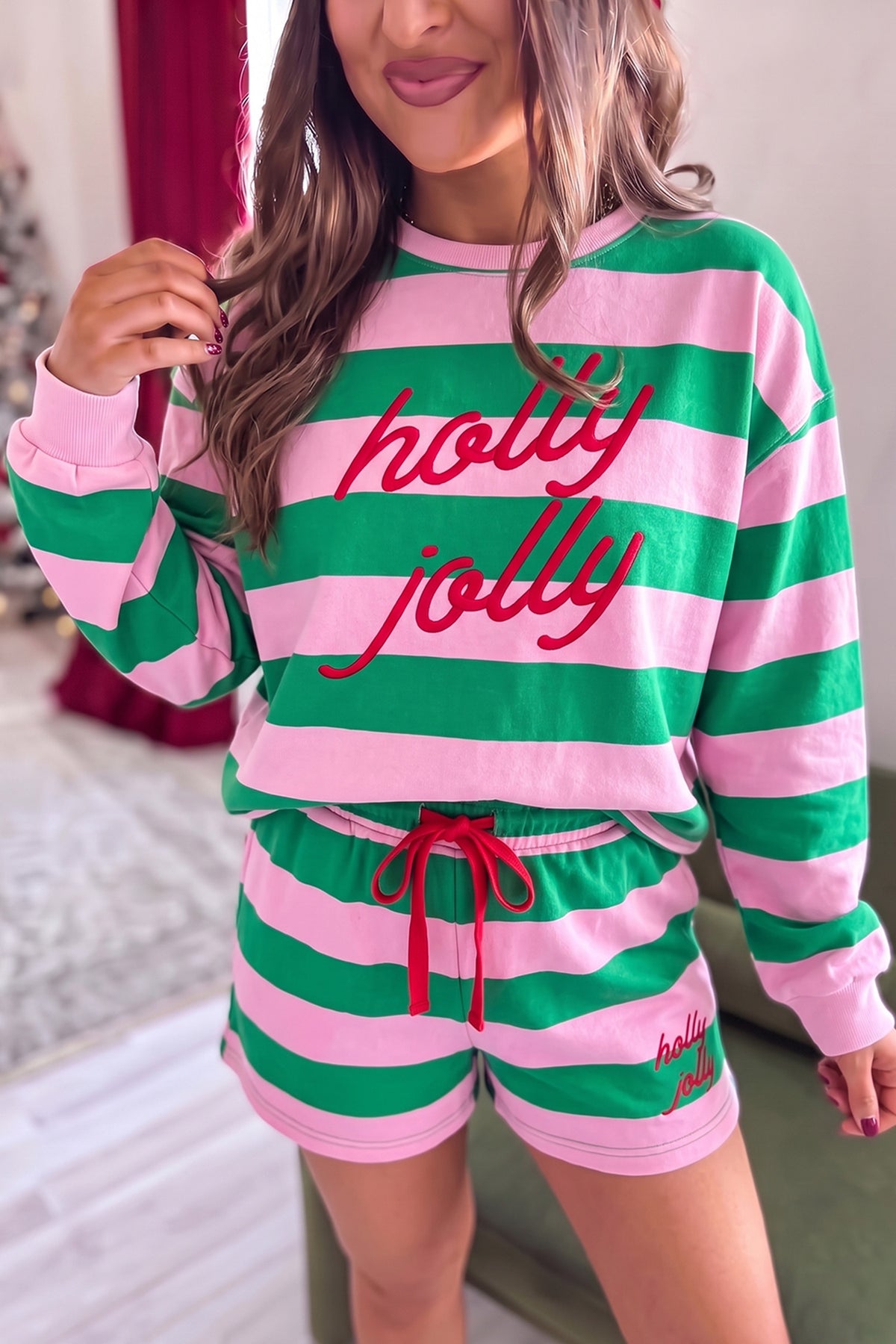 Stripe Holly Jolly Embroidery Pullover Long Sleeve Two Piece Shorts Set