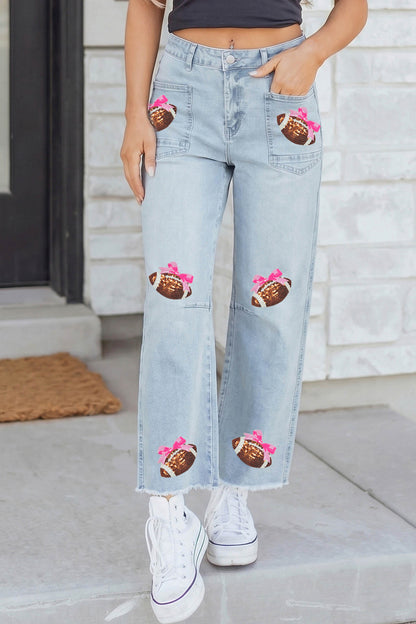Beau Blue Sequin Bow Football Patches Raw Cut Ankle Length Jeans