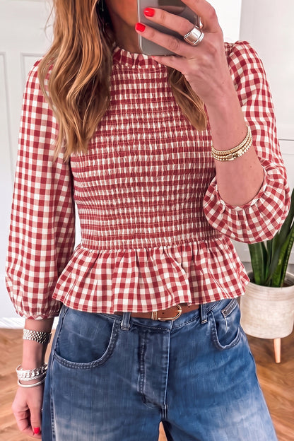 Ruched 3/4 Sleeve Shirred Plaid Peplum Top