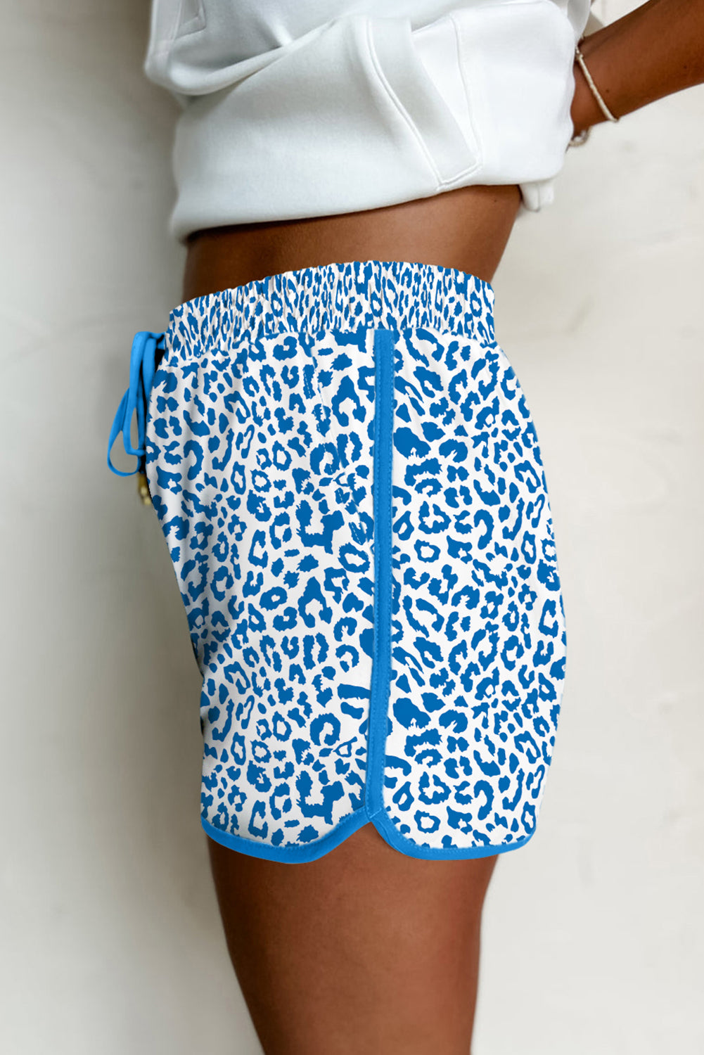 Pink Leopard Elastic Waistband Lace up Contrast Trim Casual Shorts