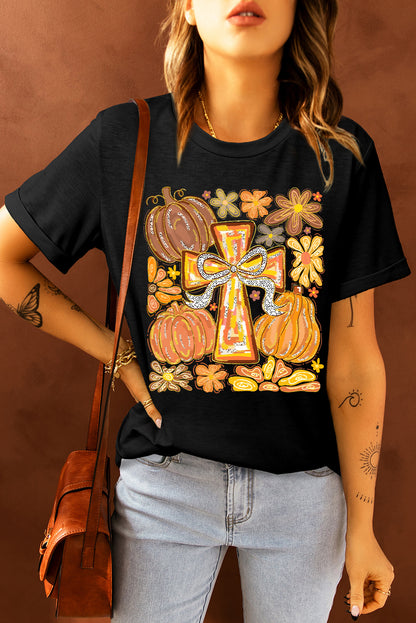 Black Cross Pumpkin Graphic Cotton Blend Tee