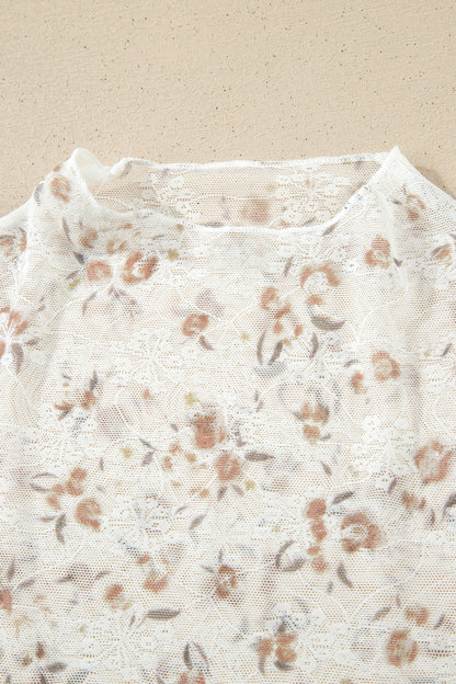 White Mock Neck Short Sleeve Floral Mesh Top