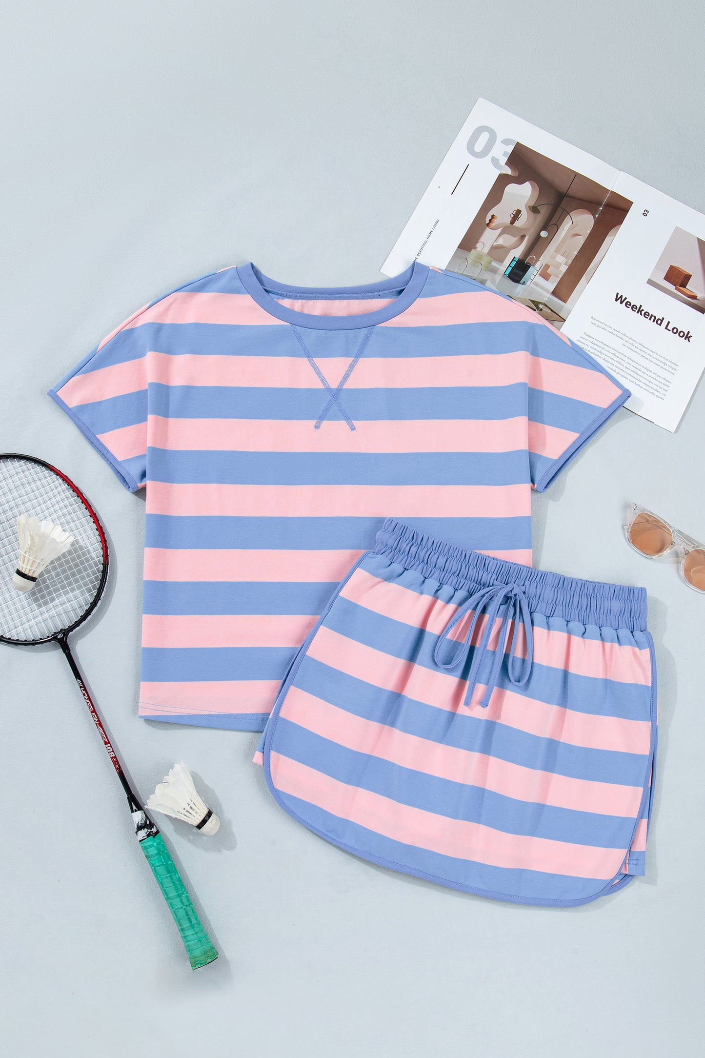 Rose Stripe Dolman Tee Drawstring Skort Athletic 2pcs Set