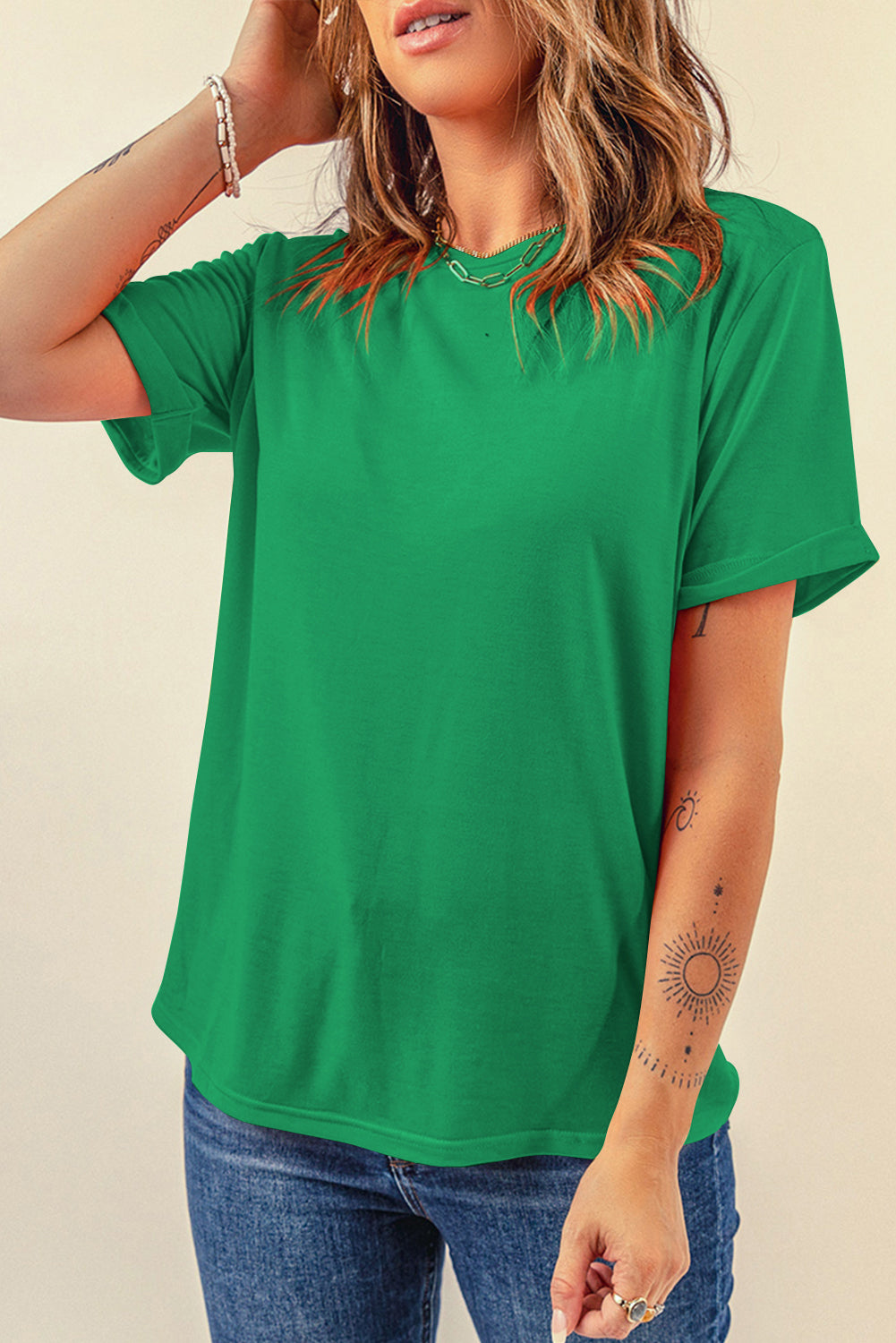 Orange Casual Plain Crew Neck Tee
