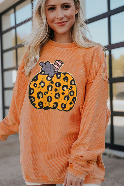 Orange Leopard Pumpkin Patchwork Ribbed Sweatshirt