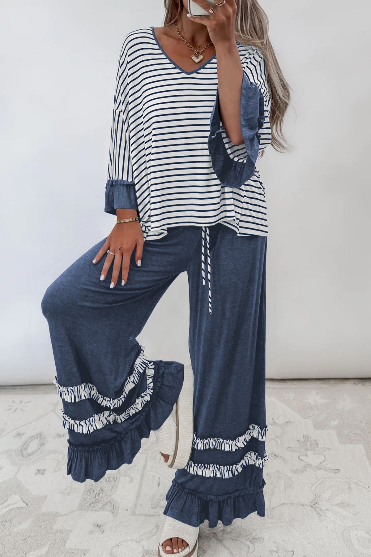 Stripe V Neck Ruffle Contrast Sleeve Top Drawstring Pants 2pcs Set