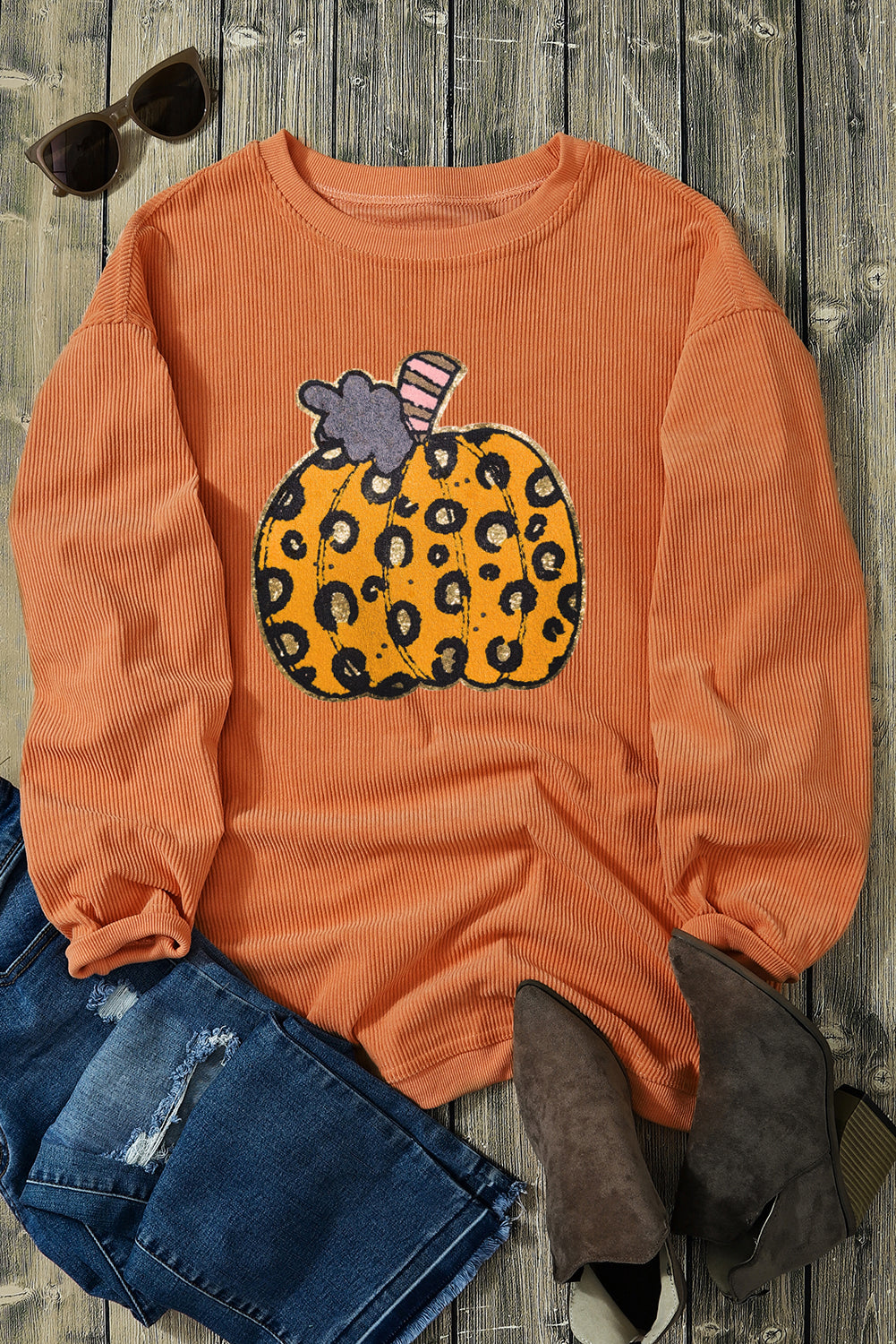 Orange Leopard Pumpkin Patchwork Ribbed Sweatshirt